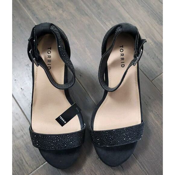 Torrid Embellished Platform Heels 10.5 WW Ankle Strap Black Sparkle Chunky - Picture 3 of 7
